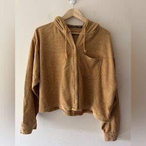 American Eagle Women's Tan Brown Button Up Cropped Ribbed Soft Jacket Hoodie